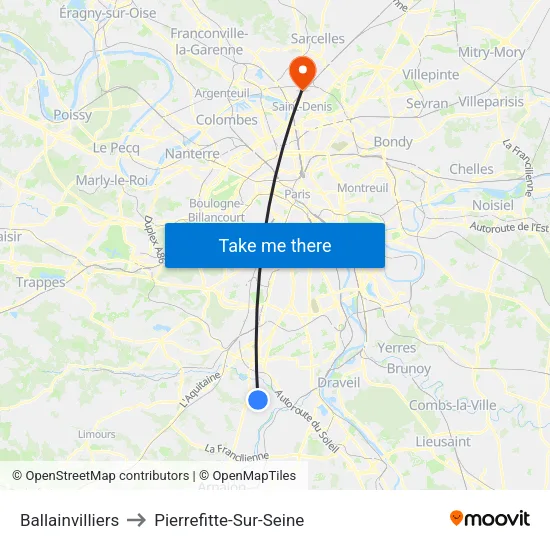 Ballainvilliers to Pierrefitte-Sur-Seine map