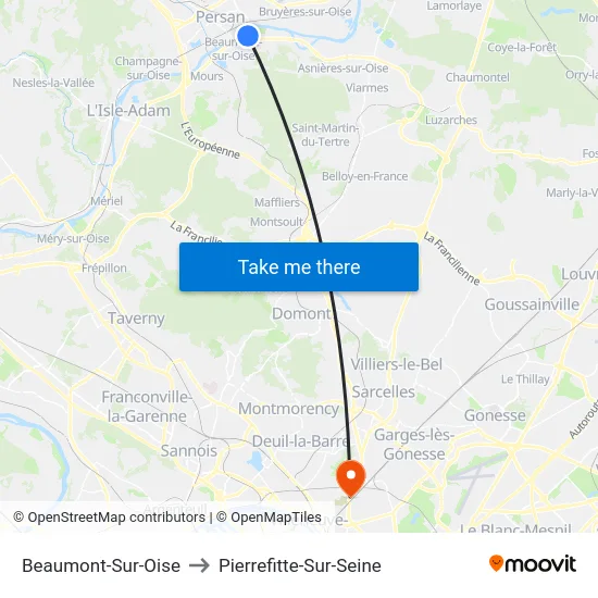 Beaumont-Sur-Oise to Pierrefitte-Sur-Seine map