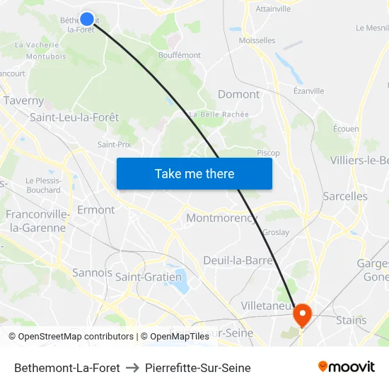 Bethemont-La-Foret to Pierrefitte-Sur-Seine map