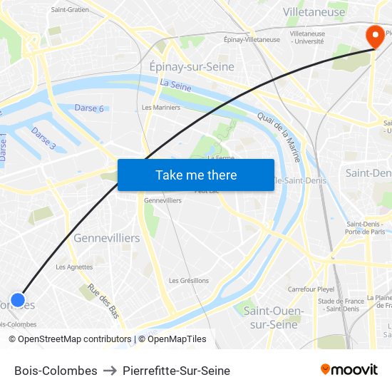 Bois-Colombes to Pierrefitte-Sur-Seine map