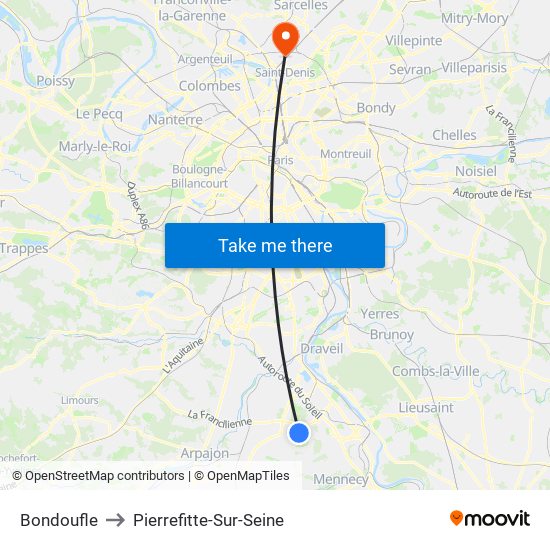 Bondoufle to Pierrefitte-Sur-Seine map