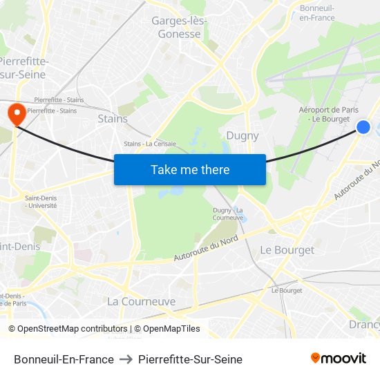 Bonneuil-En-France to Pierrefitte-Sur-Seine map