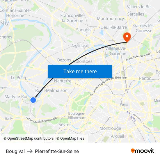 Bougival to Pierrefitte-Sur-Seine map
