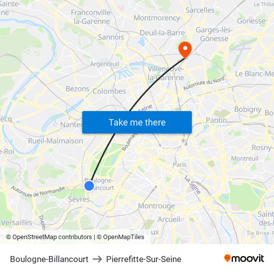 Boulogne-Billancourt to Pierrefitte-Sur-Seine map