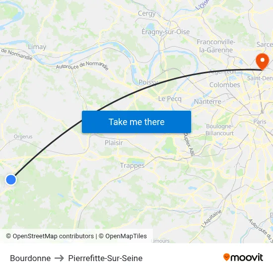 Bourdonne to Pierrefitte-Sur-Seine map