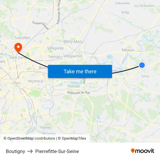 Boutigny to Pierrefitte-Sur-Seine map