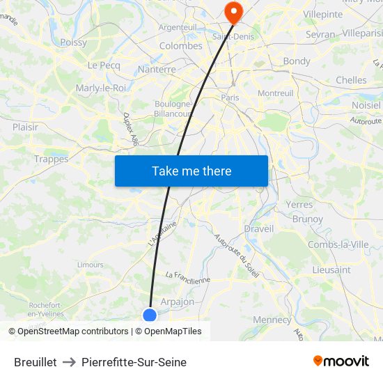 Breuillet to Pierrefitte-Sur-Seine map
