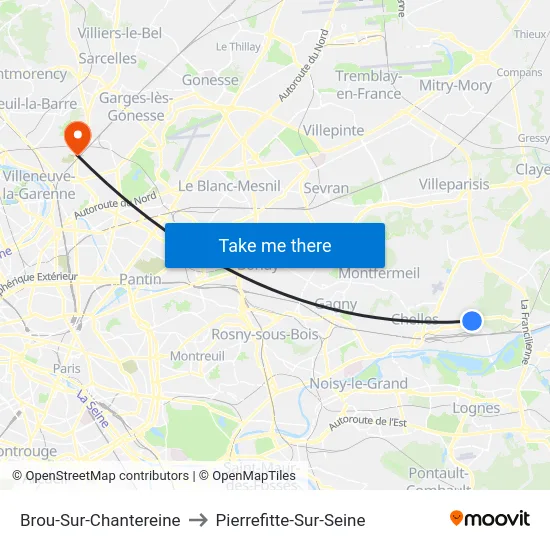 Brou-Sur-Chantereine to Pierrefitte-Sur-Seine map