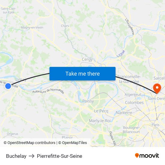 Buchelay to Pierrefitte-Sur-Seine map