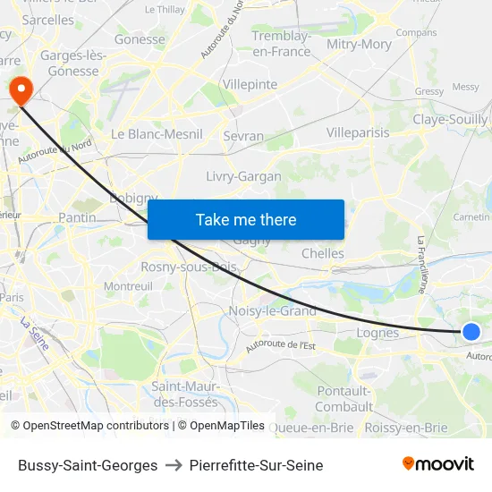 Bussy-Saint-Georges to Pierrefitte-Sur-Seine map