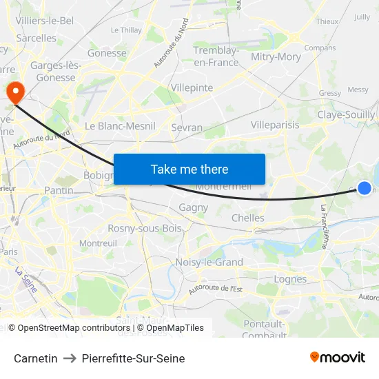 Carnetin to Pierrefitte-Sur-Seine map