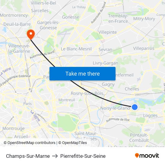 Champs-Sur-Marne to Pierrefitte-Sur-Seine map