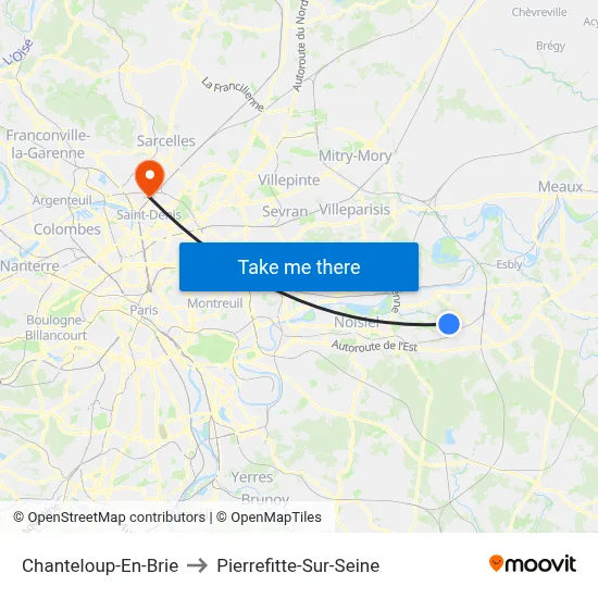 Chanteloup-En-Brie to Pierrefitte-Sur-Seine map