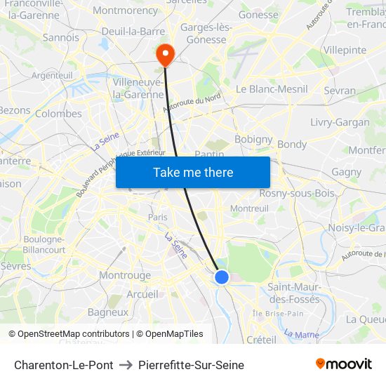 Charenton-Le-Pont to Pierrefitte-Sur-Seine map