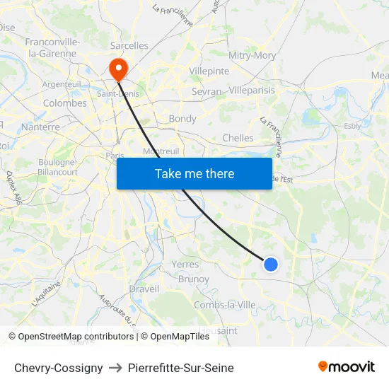 Chevry-Cossigny to Pierrefitte-Sur-Seine map