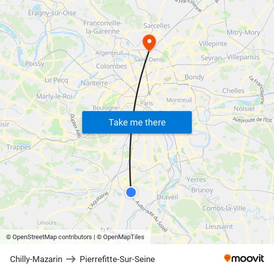 Chilly-Mazarin to Pierrefitte-Sur-Seine map