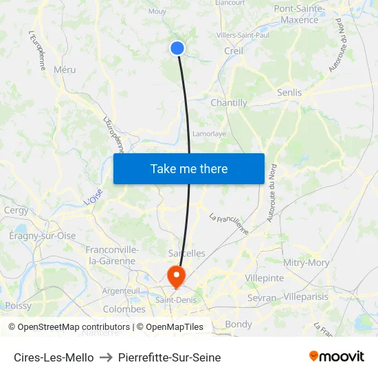 Cires-Les-Mello to Pierrefitte-Sur-Seine map