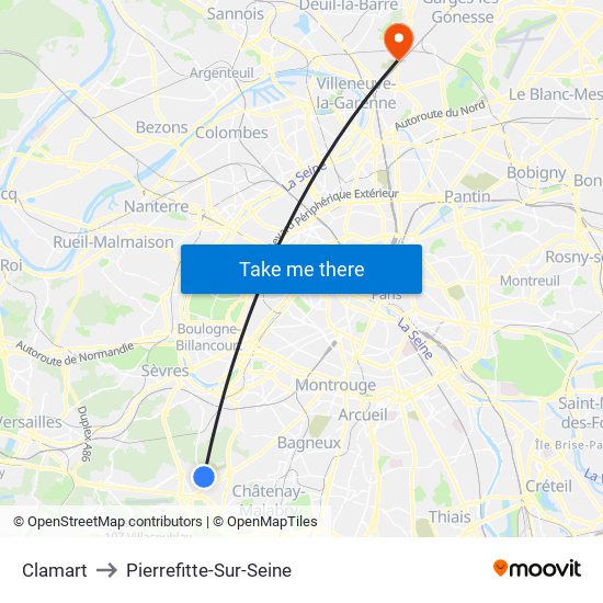 Clamart to Pierrefitte-Sur-Seine map