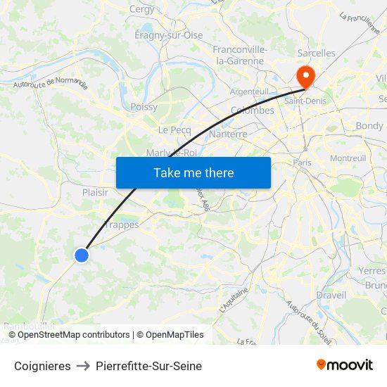 Coignieres to Pierrefitte-Sur-Seine map