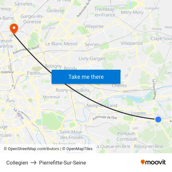 Collegien to Pierrefitte-Sur-Seine map