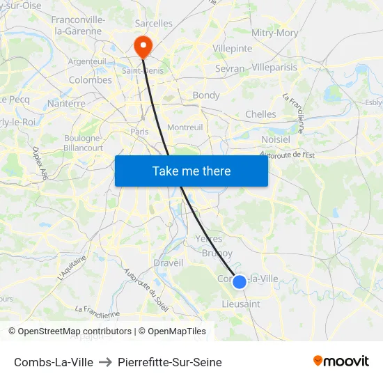 Combs-La-Ville to Pierrefitte-Sur-Seine map