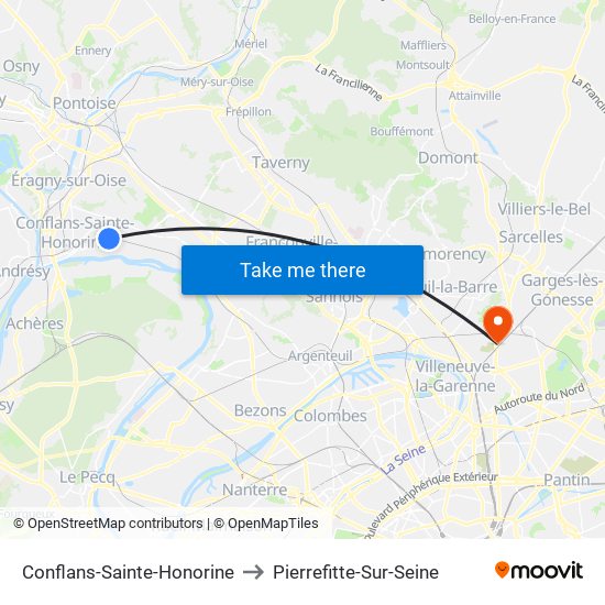 Conflans-Sainte-Honorine to Pierrefitte-Sur-Seine map
