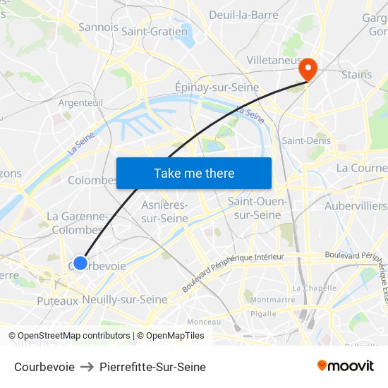 Courbevoie to Pierrefitte-Sur-Seine map
