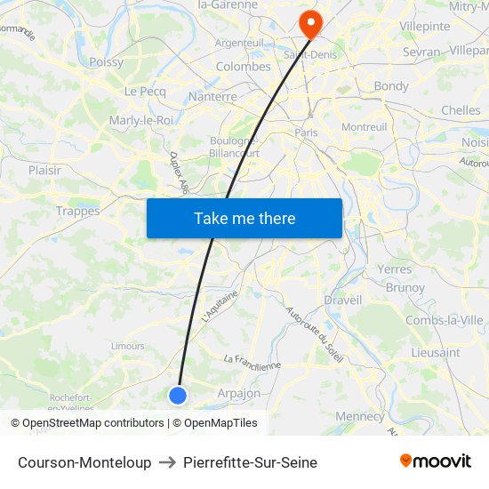 Courson-Monteloup to Pierrefitte-Sur-Seine map