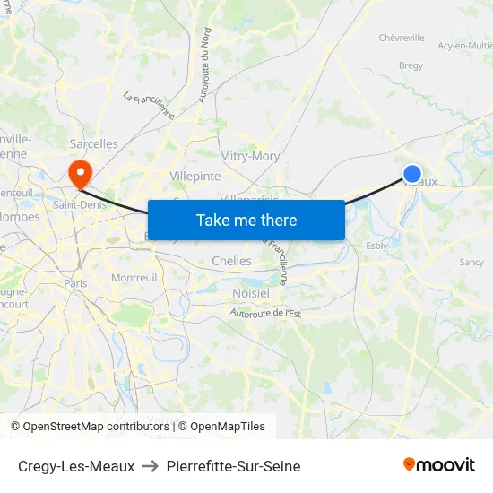 Cregy-Les-Meaux to Pierrefitte-Sur-Seine map