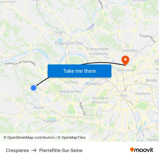 Crespieres to Pierrefitte-Sur-Seine map