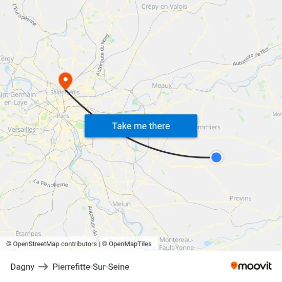 Dagny to Pierrefitte-Sur-Seine map