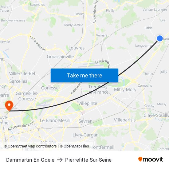Dammartin-En-Goele to Pierrefitte-Sur-Seine map