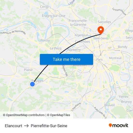 Elancourt to Pierrefitte-Sur-Seine map