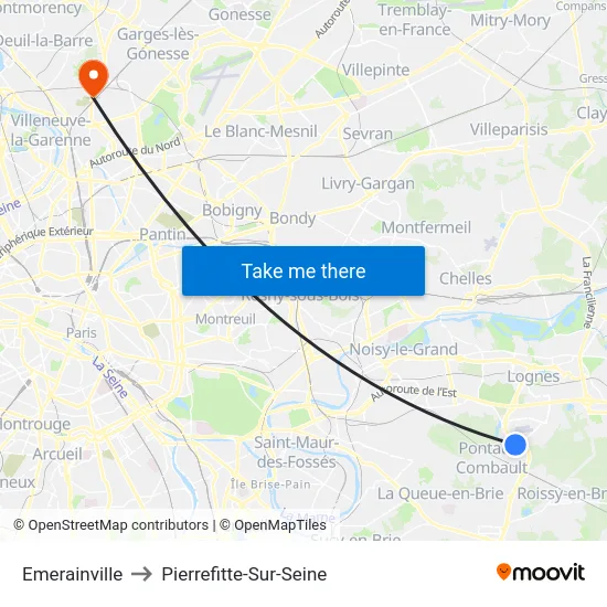 Emerainville to Pierrefitte-Sur-Seine map