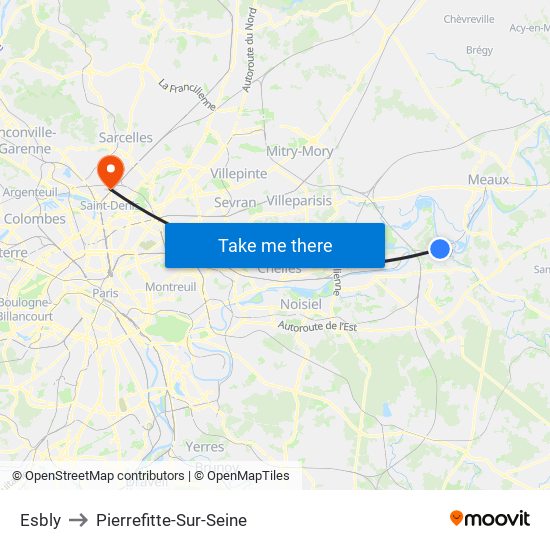 Esbly to Pierrefitte-Sur-Seine map