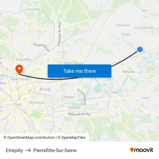 Etrepilly to Pierrefitte-Sur-Seine map