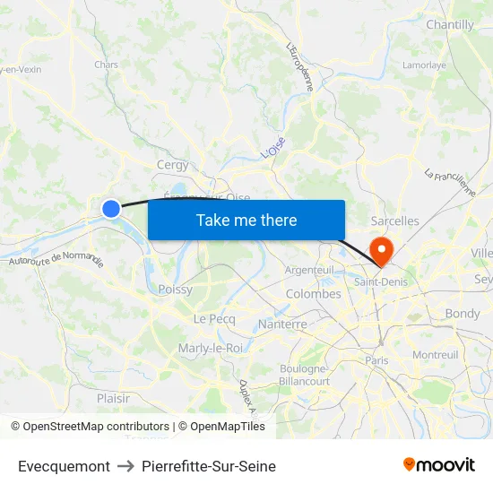 Evecquemont to Pierrefitte-Sur-Seine map
