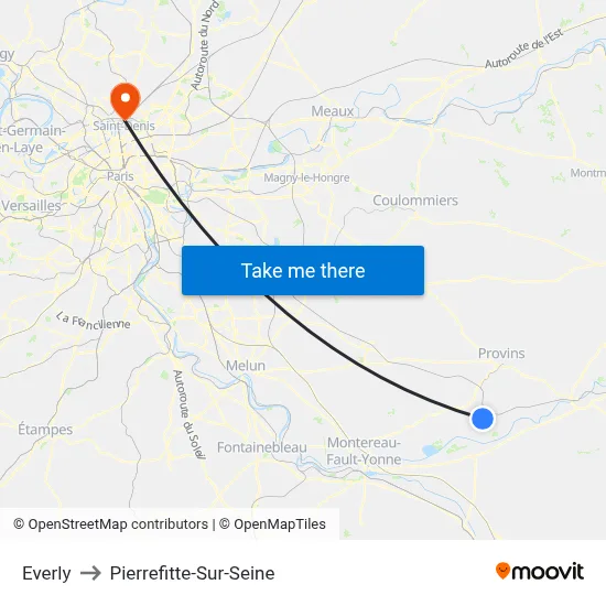 Everly to Pierrefitte-Sur-Seine map