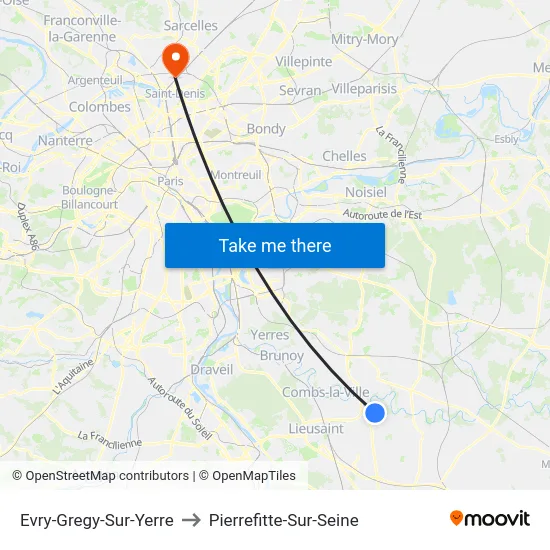 Evry-Gregy-Sur-Yerre to Pierrefitte-Sur-Seine map