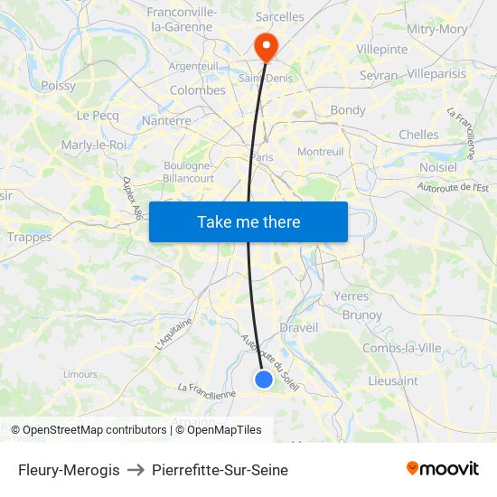 Fleury-Merogis to Pierrefitte-Sur-Seine map