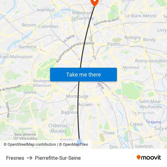 Fresnes to Pierrefitte-Sur-Seine map