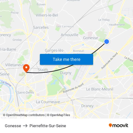 Gonesse to Pierrefitte-Sur-Seine map