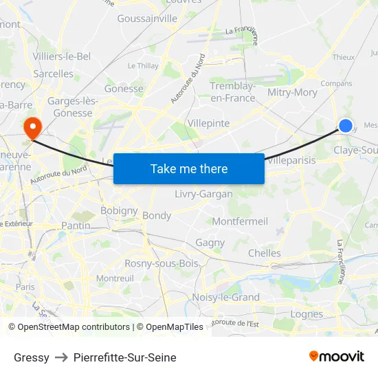 Gressy to Pierrefitte-Sur-Seine map