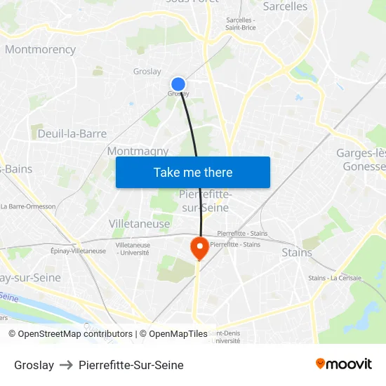 Groslay to Pierrefitte-Sur-Seine map