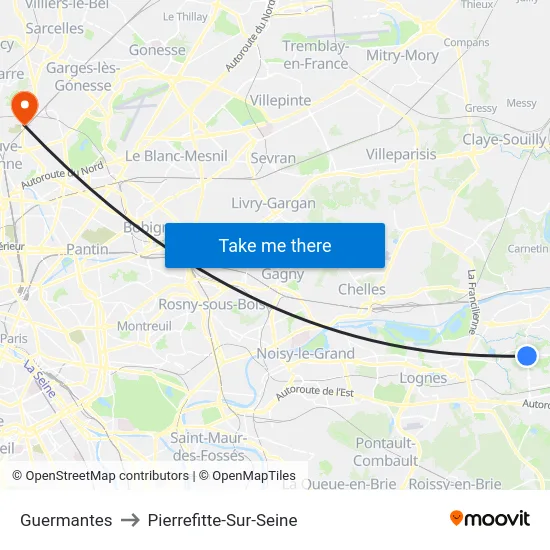Guermantes to Pierrefitte-Sur-Seine map
