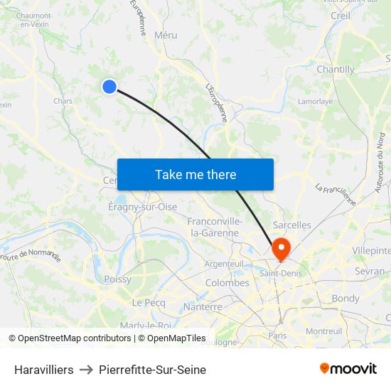 Haravilliers to Pierrefitte-Sur-Seine map