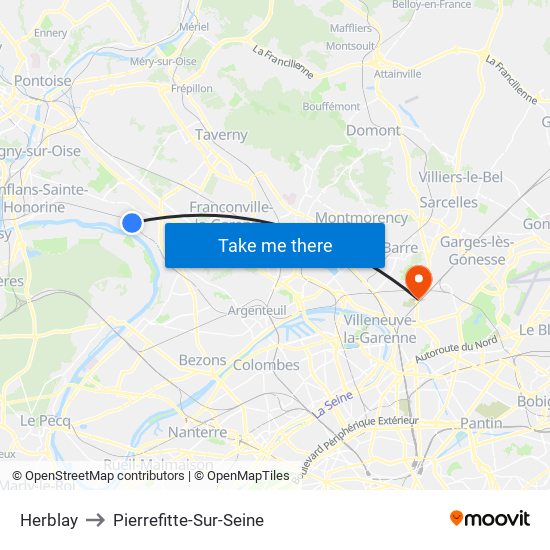 Herblay to Pierrefitte-Sur-Seine map