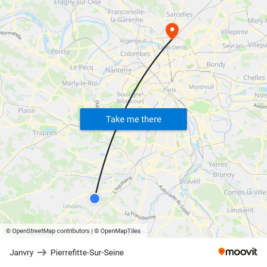 Janvry to Pierrefitte-Sur-Seine map