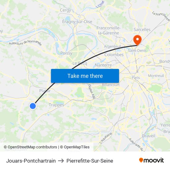 Jouars-Pontchartrain to Pierrefitte-Sur-Seine map