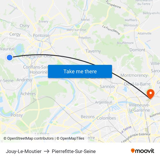 Jouy-Le-Moutier to Pierrefitte-Sur-Seine map